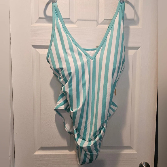 Kona Sol •Plus Size 24• V-neck Striped Turquoise White One Piece Swimsuit NWT - Picture 4 of 10